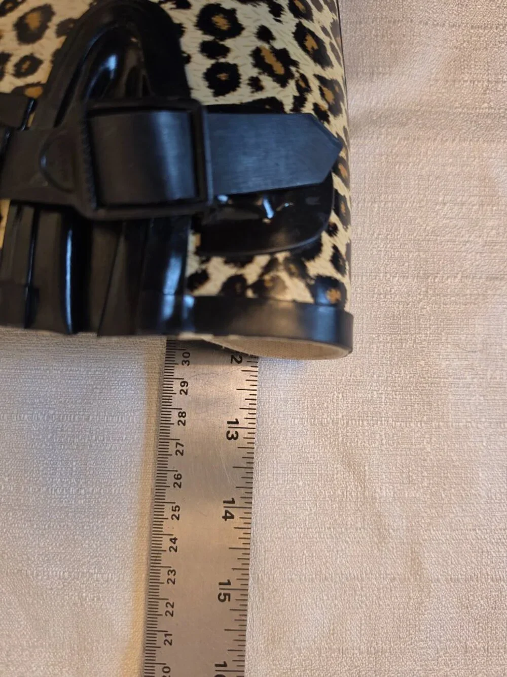 Leopard Print Rubber Boots with Black Buckle and Black Trim Size 6